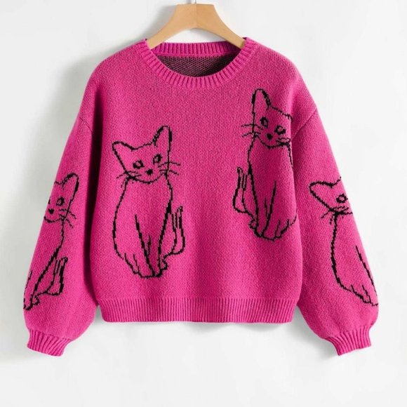 . Sweaters - Pink Kitten Print Long sleeved Sweater